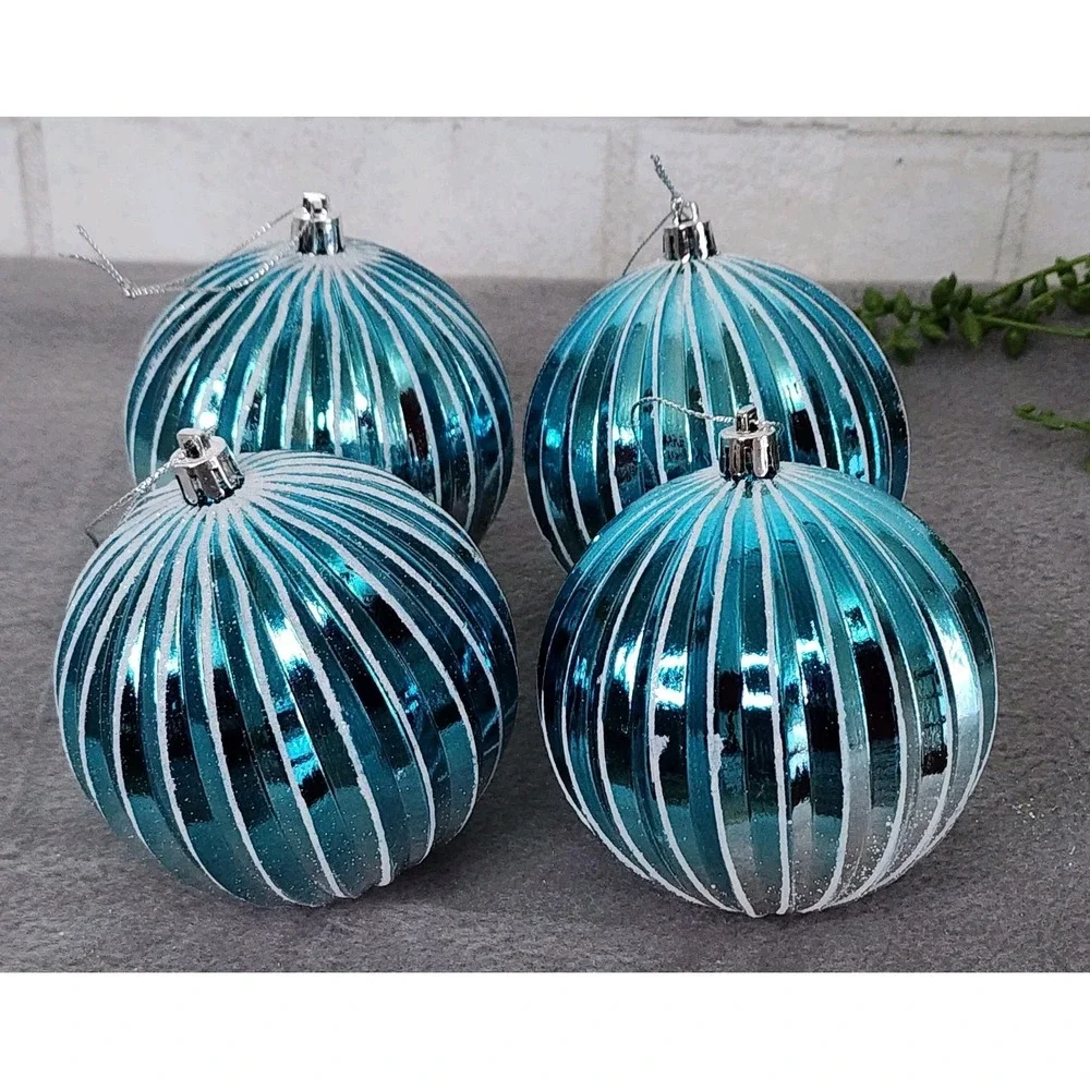 4 Blue‎ & Silver Striped Christmas Round Ball Ornaments Coastal Plastic 4